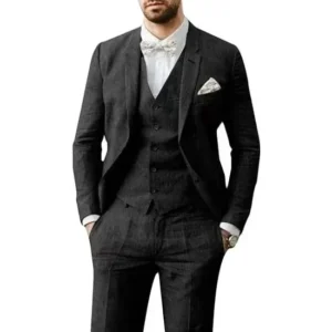 Summer Linen Suits for Men 3 Piece Blazer Vest and Pant Set Notched Lapel Lightweight Tuxedo Set Business Evening Summer Beach - Image 6