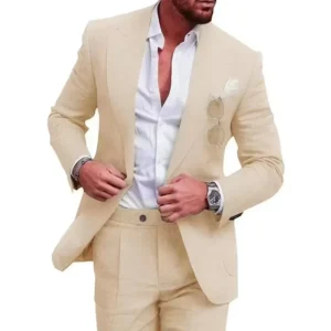 Casual Slim Fit Linen Suit for Men 2 Pieces Blazer and Pants Set Peak Lapel Men's Suit for Wedding Prom Summer Beach Tuxedo - Image 5