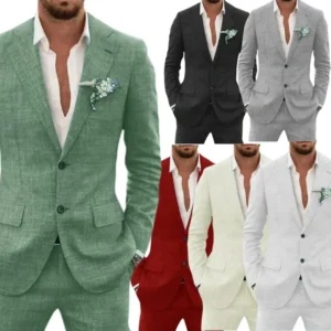 Casual Linen Suit for Men Notched Lapel Slim Fit 2 Pieces for Wedding Dresses Summer Beach Tuxedo Suits for Men - Image 1
