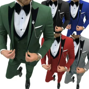 Formal Men's Suit 3 Pieces Blazer Vest and Pant Set Velvet Peak Lapel Slim Fit Tuxedo Set for Business Wedding Prom Suit for Men - Image 1