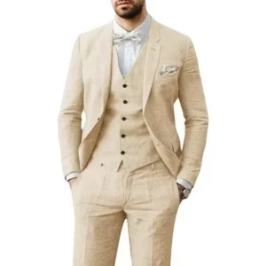 Summer Linen Suits for Men 3 Piece Blazer Vest and Pant Set Notched Lapel Lightweight Tuxedo Set Business Evening Summer Beach - Image 5