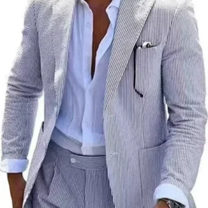 Seersucker Suits for Men 2 Pieces Blazer and Pants Notched Lapel Fashion Mens Suits for Summer Beach Wedding Dresses Men's Suits - Image 4
