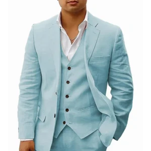 Linen Suit for Men 3 Pieces Blazer Vest and Pants Set Notched Lapel Casual Tuxedo Suits for Wedding Business Summer Beach - Image 3