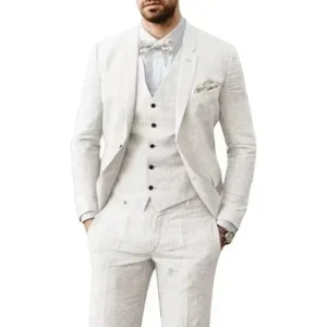 Summer Linen Suits for Men 3 Piece Blazer Vest and Pant Set Notched Lapel Lightweight Tuxedo Set Business Evening Summer Beach - Image 2