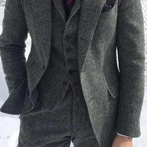 Gray Wool Tweed Winter Men Suit's For Wedding Formal Groom Tuxedo Herringbone Male Fashion 3 Piece (Jacket +Vest +Pants+Tie) - Image 3