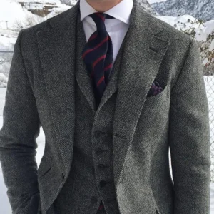 Gray Wool Tweed Winter Men Suit's For Wedding Formal Groom Tuxedo Herringbone Male Fashion 3 Piece (Jacket +Vest +Pants+Tie) - Image 2