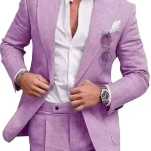 Casual Slim Fit Linen Suit for Men 2 Pieces Blazer and Pants Set Peak Lapel Men's Suit for Wedding Prom Summer Beach Tuxedo - Image 3