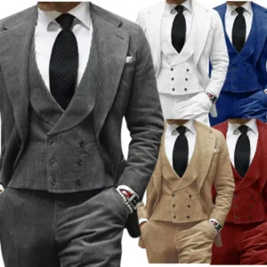 Men's Suits Corduroy 3 Piece Blazer Vest and Pants Set Notched Lapel Vintage Slim Fit Tuxedo Set for Weddings Evening Party Prom - Image 1