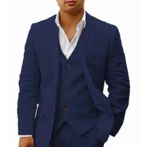Linen Suit for Men 3 Pieces Blazer Vest and Pants Set Notched Lapel Casual Tuxedo Suits for Wedding Business Summer Beach - Image 5