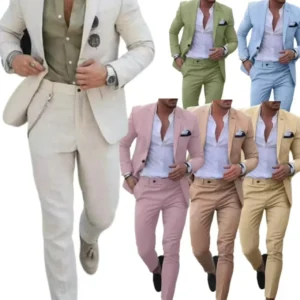 Casual Linen Tuxedo Suits for Men 2 Pieces Blazer and Pants Set Notched Lapel Men's Suit for Wedding Summer Beach Prom Party - Image 1