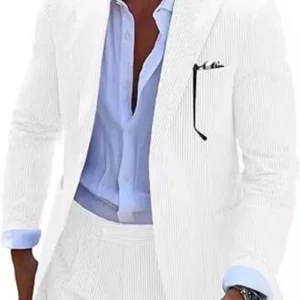 Seersucker Suits for Men 2 Pieces Blazer and Pants Notched Lapel Fashion Mens Suits for Summer Beach Wedding Dresses Men's Suits - Image 2