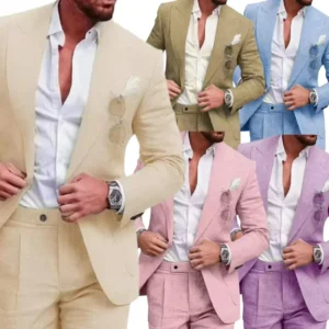 Casual Slim Fit Linen Suit for Men 2 Pieces Blazer and Pants Set Peak Lapel Men's Suit for Wedding Prom Summer Beach Tuxedo - Image 1