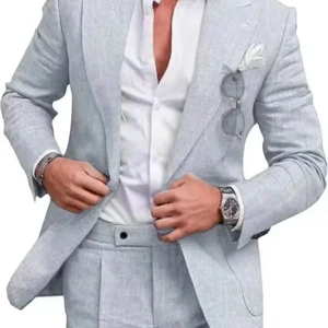 Casual Slim Fit Linen Suit for Men 2 Pieces Blazer and Pants Set Peak Lapel Men's Suit for Wedding Prom Summer Beach Tuxedo - Image 2