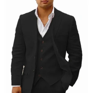 Linen Suit for Men 3 Pieces Blazer Vest and Pants Set Notched Lapel Casual Tuxedo Suits for Wedding Business Summer Beach - Image 2