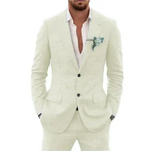 Casual Linen Suit for Men Notched Lapel Slim Fit 2 Pieces for Wedding Dresses Summer Beach Tuxedo Suits for Men - Image 4