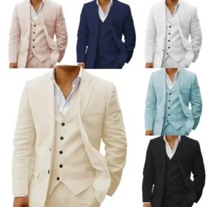 Linen Suit for Men 3 Pieces Blazer Vest and Pants Set Notched Lapel Casual Tuxedo Suits for Wedding Business Summer Beach - Image 1