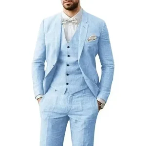 Summer Linen Suits for Men 3 Piece Blazer Vest and Pant Set Notched Lapel Lightweight Tuxedo Set Business Evening Summer Beach - Image 3