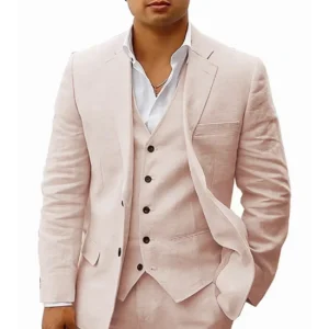 Linen Suit for Men 3 Pieces Blazer Vest and Pants Set Notched Lapel Casual Tuxedo Suits for Wedding Business Summer Beach - Image 6