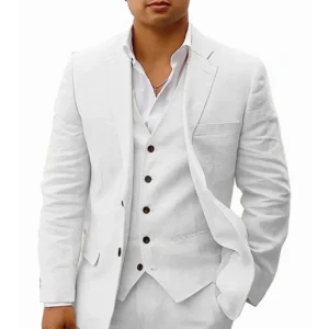 Linen Suit for Men 3 Pieces Blazer Vest and Pants Set Notched Lapel Casual Tuxedo Suits for Wedding Business Summer Beach - Image 4