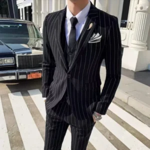 Formal Men's Striped Suit Two-Piece or 3 Pieces Blazer Vest Pant Set Slim Fit Classic Tuxedo Wedding Party Business Striped Suit - Image 5